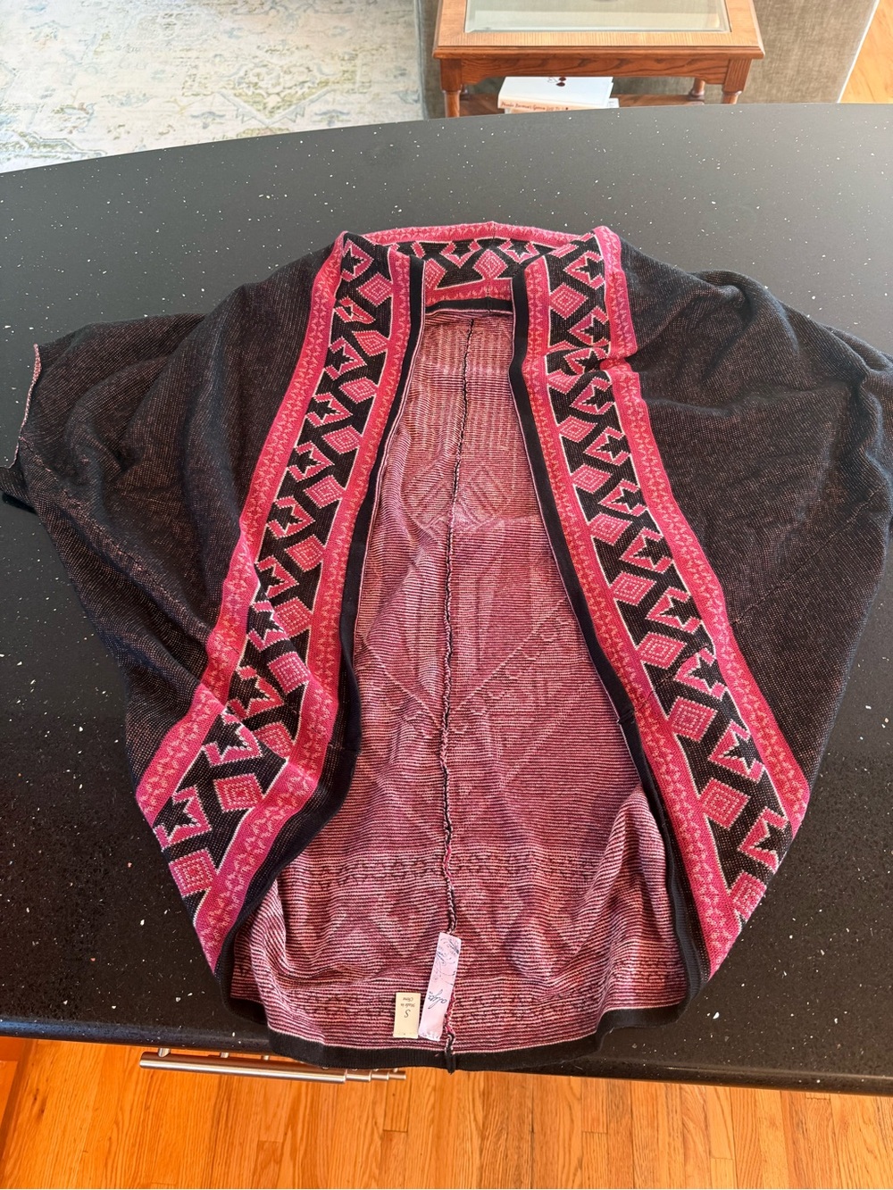 Alya Woven Open-Front Jacket with Pink Geometric Trim